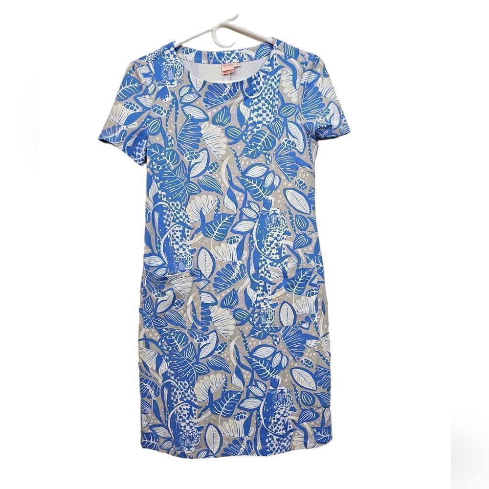 Persifor Winpenny Blue Tropical Leaf Cheetah Print Aline Dress Size Small‎